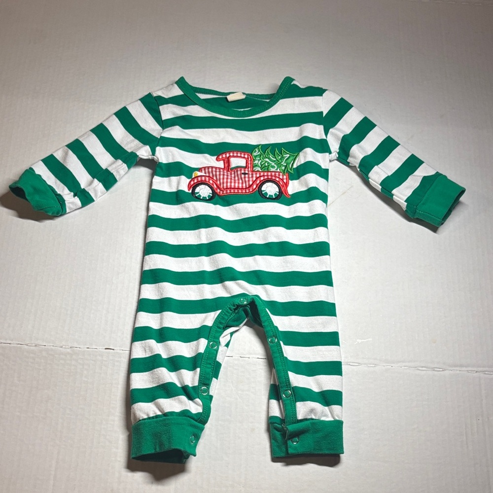 Infant boy Green and White Striped Kids One Piece Christmas   6 to 12 mo